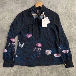 Ted Baker Blouse Womens 1 Wonderland Tie Neck Navy Blue Floral Long Sleeve Top